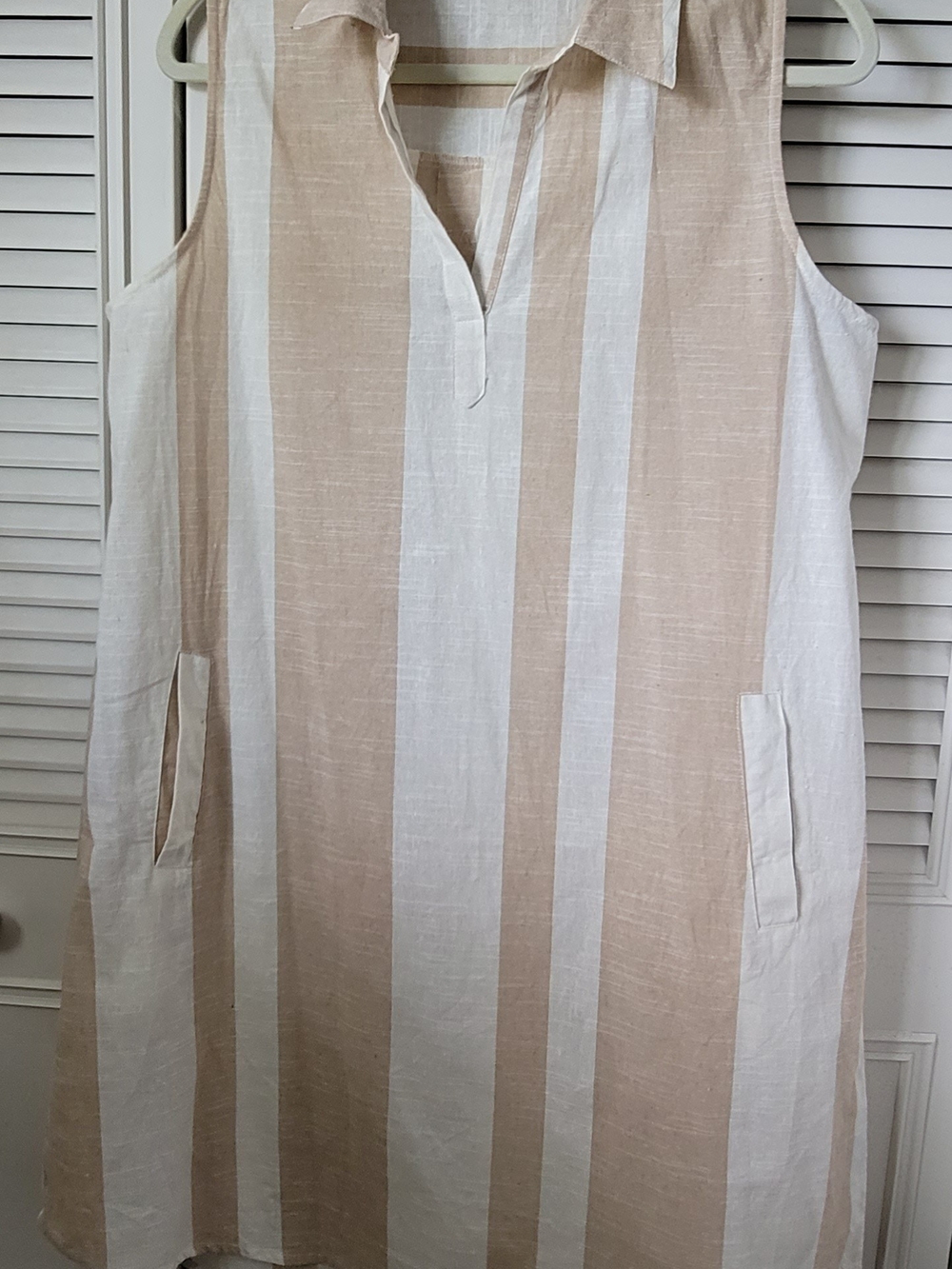 Mlle Gabrielle Beige and White Striped Sleeveless Midi shirt Dress